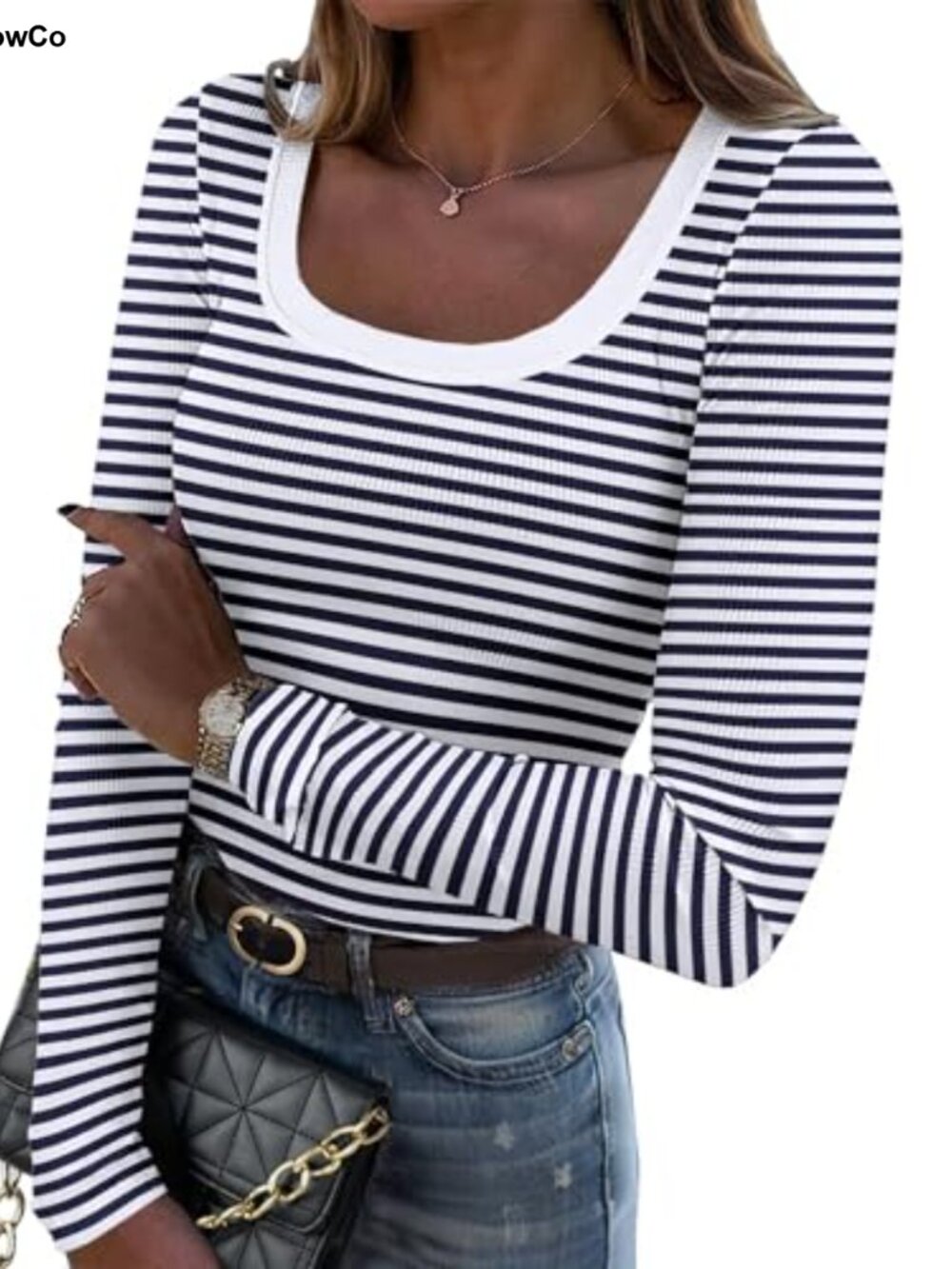 Rib Knit Long Sleeve Scoop Neck Slim Fit Top